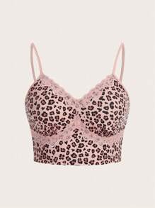 SHEIN EZwear Plus Leopard Print Lace Trim Cami Top - Multicolor - View 1