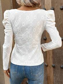 SHEIN Clasi Slim Eyelet Embroidery Puff Sleeve Tee - White - View 2
