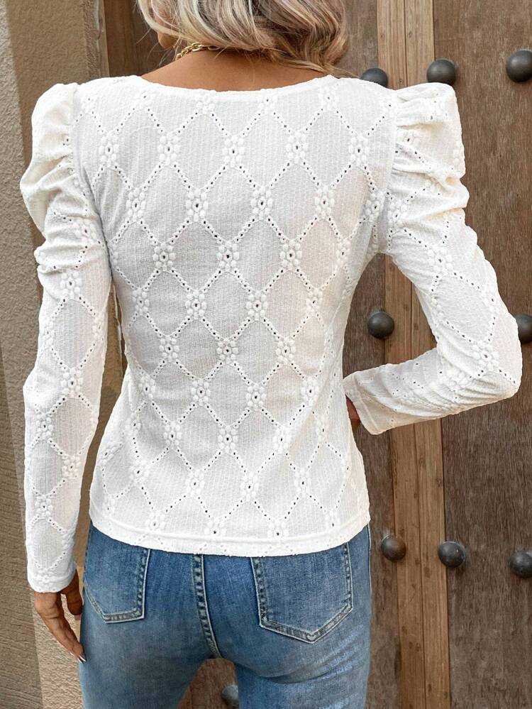 Slim Eyelet Embroidery Puff Sleeve Teesummer Outfits, Spring Outfit, Beach Outfit, Festival Outfits, Vacation Outfits, Office Outfits, Country Outfit Women / For Women Elegant Dress, Elegant Party Dress, Elegant Blouse, Casual Classy Casual Dress, Casual Blouse, Casual Sets, Casual Long Dresses Beach Dress, Beach Outfit, Vacation Dress, Summer Holiday Outfits Wedding Guest Dress, Bridesmaid Dress, Graduation Dress