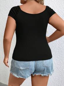 SHEIN Essnce Hơn Viền mặt trước Cổ Trái tim Áo thun - màu đen - Xem 2