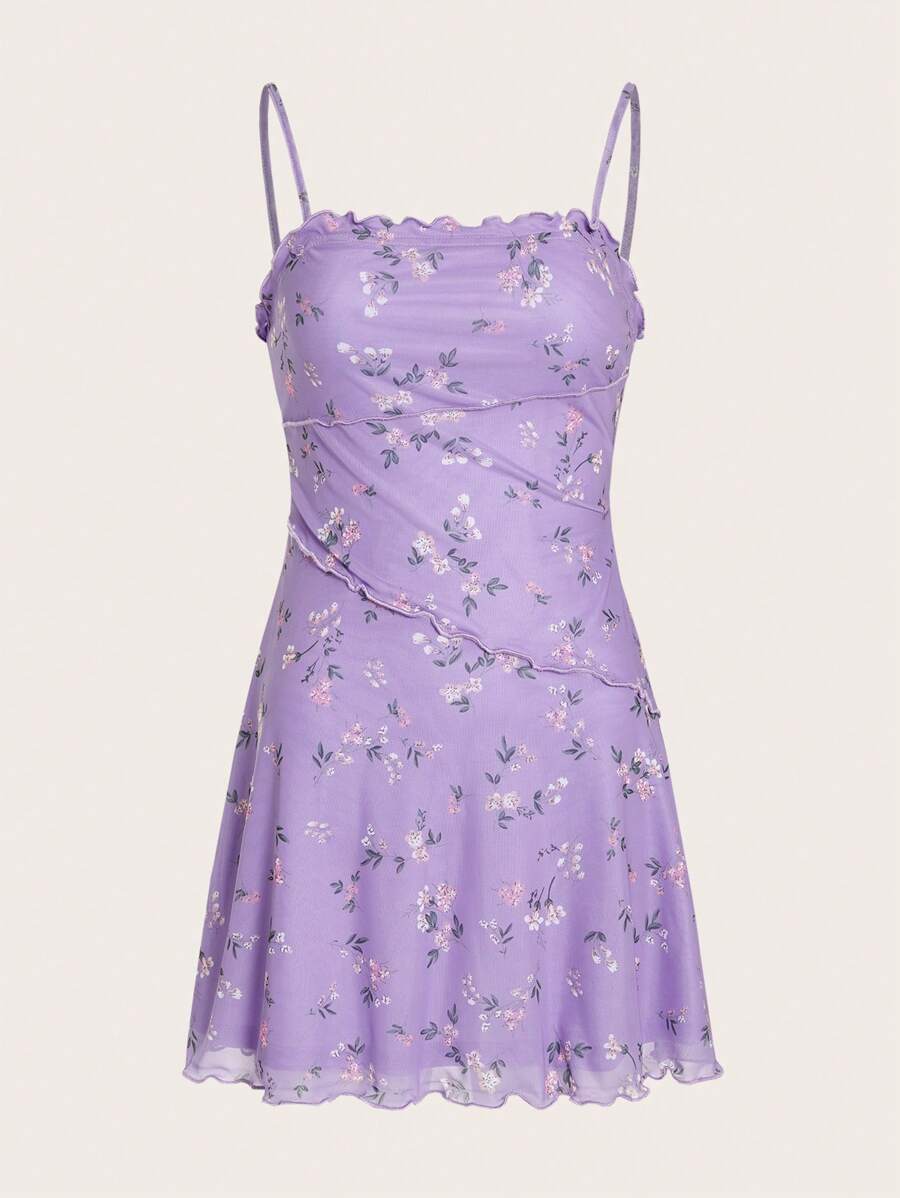 SHEIN EZwear 碎花木耳邊吊帶連衣裙 - 紫丁香色 - 查看 1