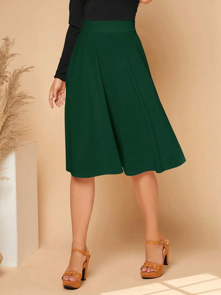 SHEIN Essnce 素色高腰喇叭半身裙 - 墨綠色 - 查看 1
