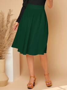 SHEIN Essnce 素色高腰喇叭半身裙 - 墨綠色 - 查看 3