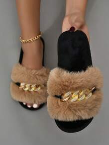 女士家居拖鞋帶鏈子裝飾用品 - 卡其色 - 查看 1