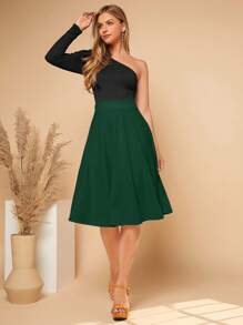 SHEIN Essnce 素色高腰喇叭半身裙 - 墨綠色 - 查看 5