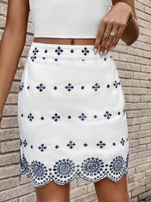 SHEIN Clasi 幾何刺繡貝殼邊半身裙 - 白色 - 查看 3