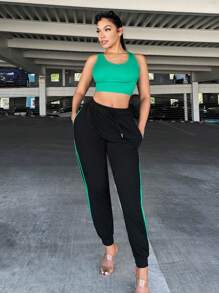 SHEIN SXY 素色短款背心&腰部抽繩衛褲 - 綠色 - 查看 3