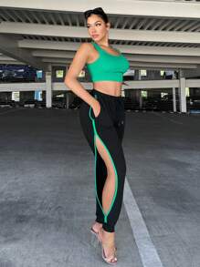 SHEIN SXY 素色短款背心&腰部抽繩衛褲 - 綠色 - 查看 5