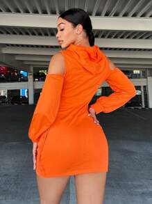 SHEIN SXY Cold Shoulder Lace Up Side Hooded Sweatshirt Dress - Orange - View 2