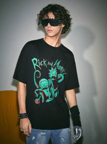 ROMWE MEN Rick and Morty | ROMWE 男士字母与卡通图案 T 恤，学校 - 黑色 - 查看 1