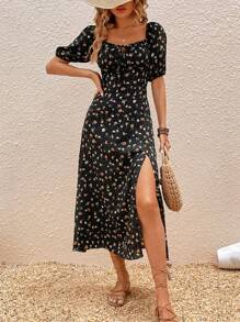 SHEIN VCAY Vestido con estampado floral con nudo delantero de muslo con abertura - Negro - Ver 1