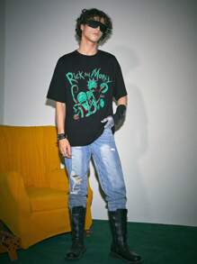 ROMWE MEN Rick and Morty | ROMWE 男士字母与卡通图案 T 恤，学校 - 黑色 - 查看 2