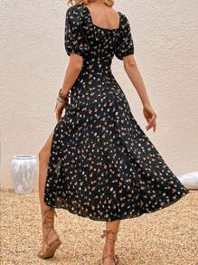 SHEIN VCAY Vestido con estampado floral con nudo delantero de muslo con abertura - Negro - Ver 2