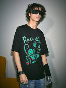 ROMWE MEN Rick and Morty | ROMWE 男士字母与卡通图案 T 恤，学校 - 黑色 - 查看 3