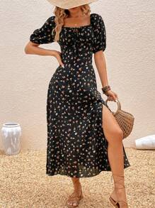 SHEIN VCAY Vestido con estampado floral con nudo delantero de muslo con abertura - Negro - Ver 3