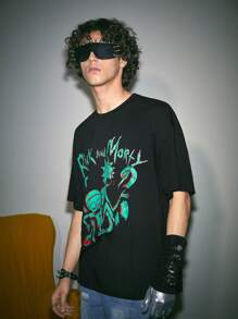 ROMWE MEN Rick and Morty | ROMWE 男士字母与卡通图案 T 恤，学校 - 黑色 - 查看 4