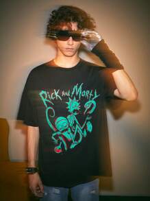 ROMWE MEN Rick and Morty | ROMWE 男士字母与卡通图案 T 恤，学校 - 黑色 - 查看 5