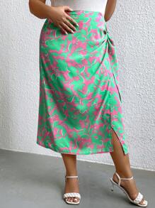 SHEIN Holidaya Plus Allover Print Knot Side Wrap Skirt - Multicolor - View 3