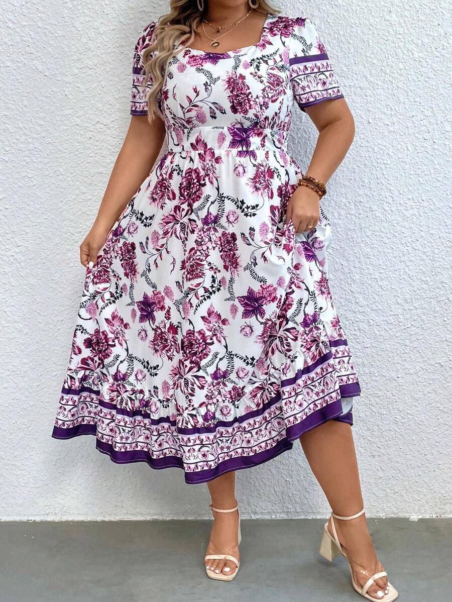 SHEIN 大碼印花方領荷葉邊連衣裙 - 彩色 - 查看 1