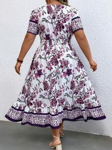 SHEIN 大碼印花方領荷葉邊連衣裙 - 彩色 - 查看 2