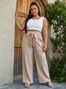 SHEIN VCAY Plus Paperbag Waist Belted Wide Leg Pants - Khaki - View 3