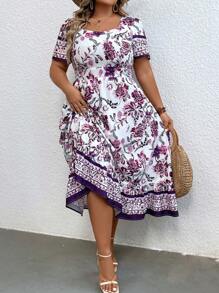 SHEIN 大碼印花方領荷葉邊連衣裙 - 彩色 - 查看 4