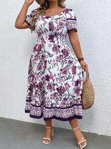 SHEIN 大碼印花方領荷葉邊連衣裙 - 彩色 - 查看 5