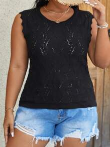 SHEIN VCAY 大碼貝殼邊網眼針織毛衣背心 - 黑色 - 查看 1