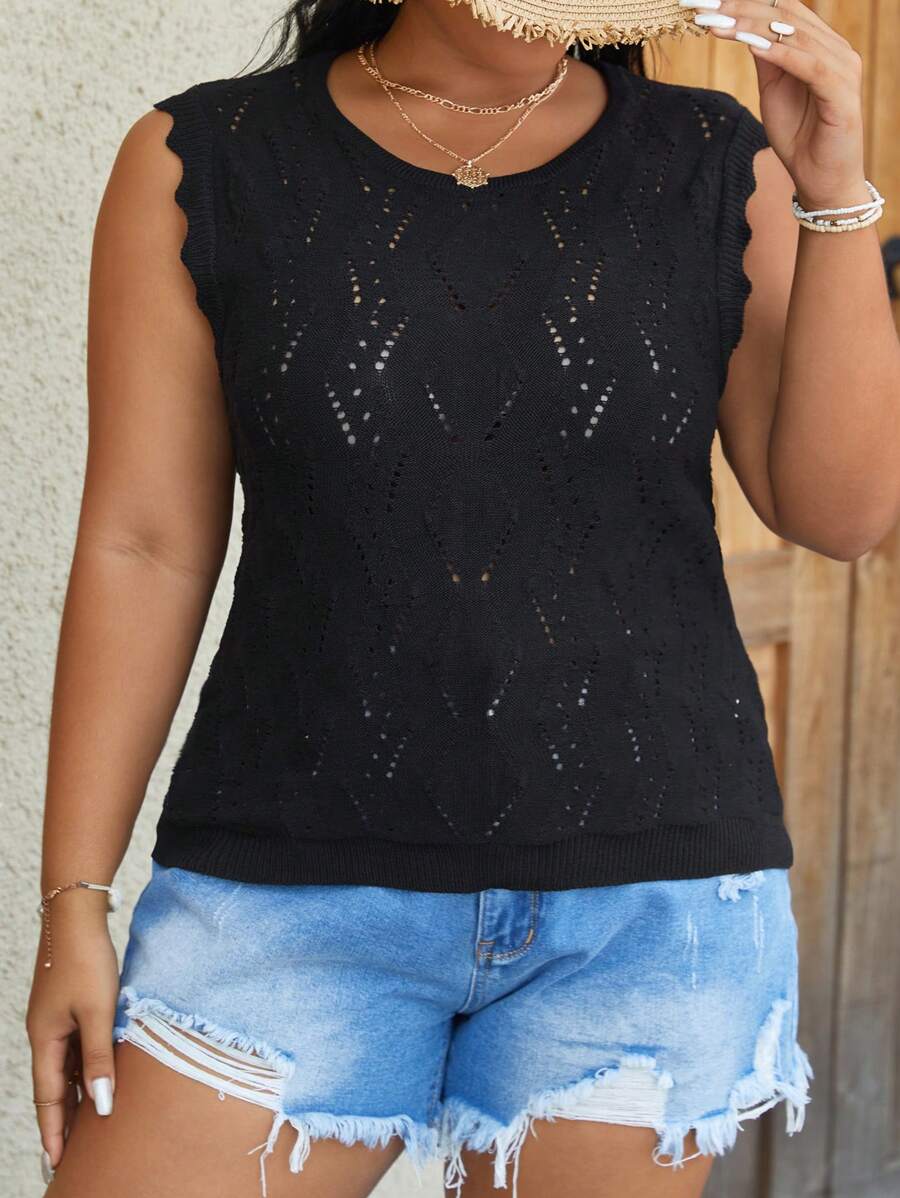 SHEIN VCAY 大碼貝殼邊網眼針織毛衣背心 - 黑色 - 查看 1