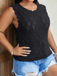 SHEIN VCAY 大碼貝殼邊網眼針織毛衣背心 - 黑色 - 查看 3