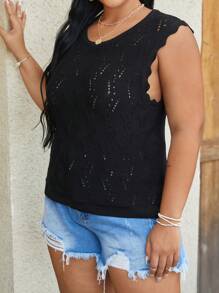 SHEIN VCAY 大碼貝殼邊網眼針織毛衣背心 - 黑色 - 查看 4