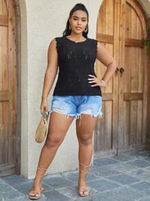 SHEIN VCAY 大碼貝殼邊網眼針織毛衣背心 - 黑色 - 查看 5