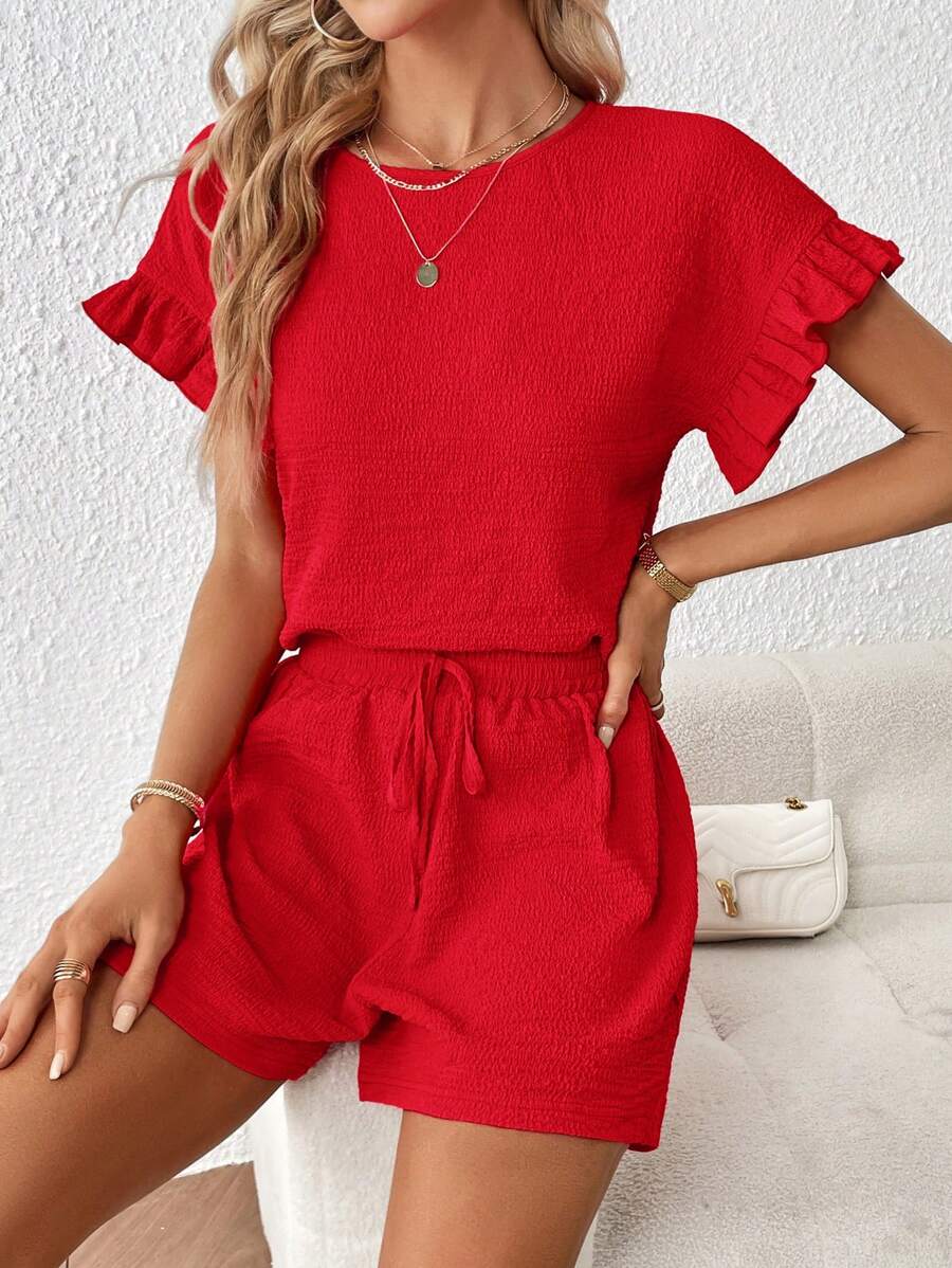 SHEIN Essnce Flounce Sleeve Top & Drawstring Waist Shorts - Red - View 1