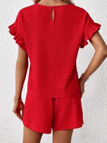 SHEIN Essnce Flounce Sleeve Top & Drawstring Waist Shorts - Red - View 2