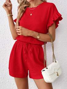 SHEIN Essnce Flounce Sleeve Top & Drawstring Waist Shorts - Red - View 5