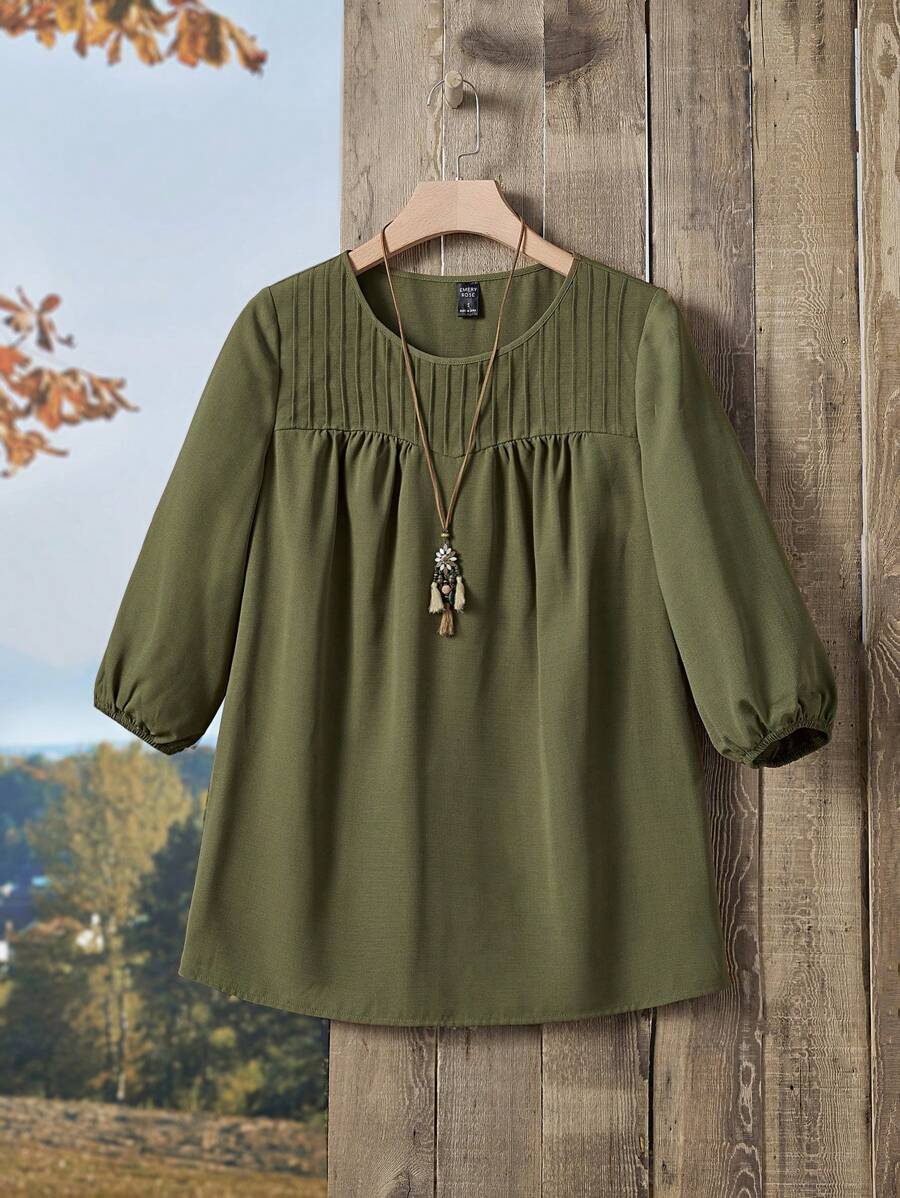 EMERY ROSE Solid Lantern Sleeve Blouse - Army Green - View 1
