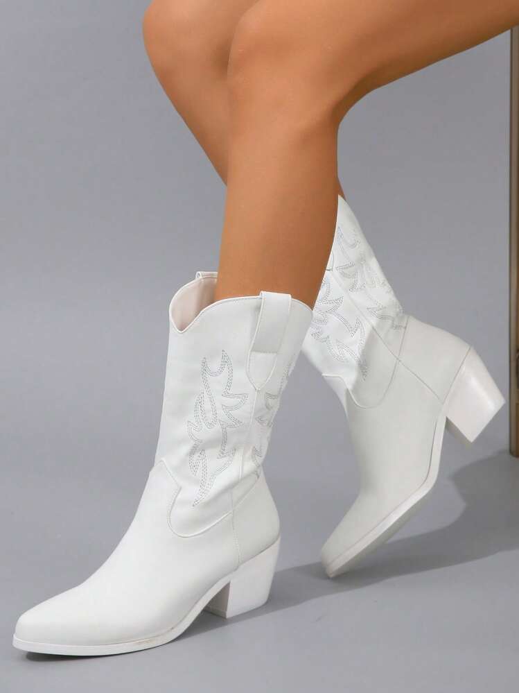Mujer con diseño bordado con tacón grueso Botas cowboy , Botas de moda - Blanco - Ver 2