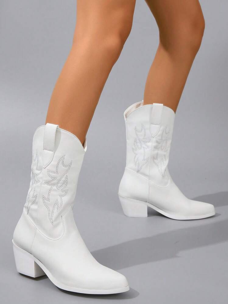 Mujer con diseño bordado con tacón grueso Botas cowboy , Botas de moda - Blanco - Ver 3