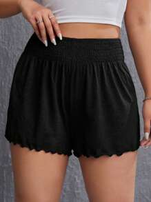 SHEIN EZwear 大碼木耳邊素色短褲 - 黑色 - 查看 3
