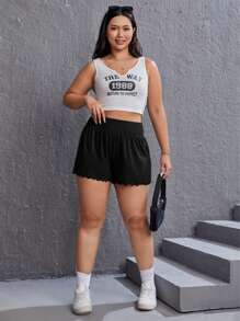 SHEIN EZwear 大碼木耳邊素色短褲 - 黑色 - 查看 4