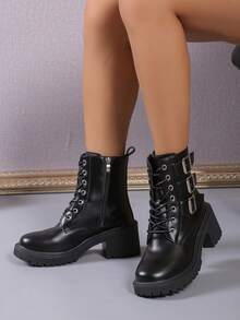 European And American Minimalist Style Autumn/winter New Arrival Mid-heel Motorcycle Boots - Black - View 2
