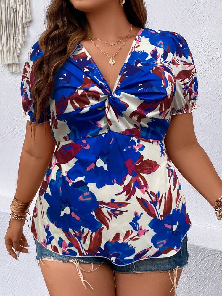 Breezaya Talla grande Blusa con estampado floral girante delantero - Albaricoque - Añade 3