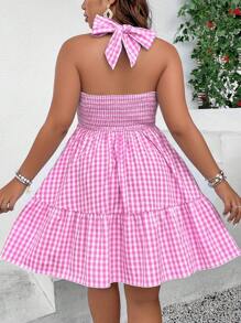 SHEIN Holidaya Plus Gingham Print Crisscross Tie Backless Ruffle Hem Halter Dress