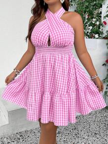 SHEIN Holidaya Plus Gingham Print Crisscross Tie Backless Ruffle Hem Halter Dress