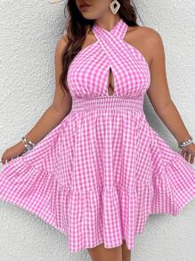 SHEIN Holidaya Plus Gingham Print Crisscross Tie Backless Ruffle Hem Halter Dress