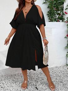 Breezaya 大碼挖肩高衩連衣裙 - 黑色 - 查看 1