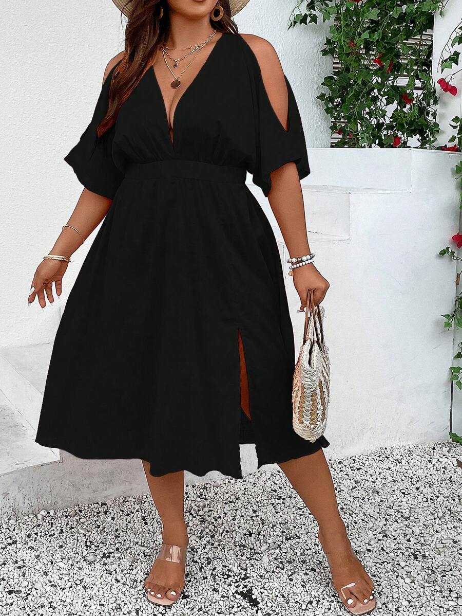 Breezaya 大碼挖肩高衩連衣裙 - 黑色 - 查看 1