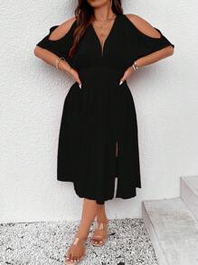 Breezaya 大碼挖肩高衩連衣裙 - 黑色 - 查看 3