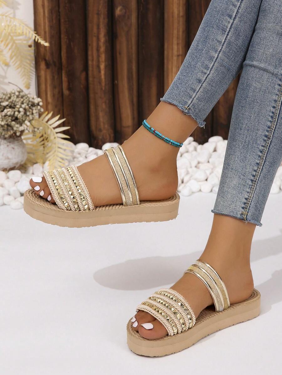Women Studded Decor Flatform Slide Sandals, Vacation Sandals - Multicolor - View 1