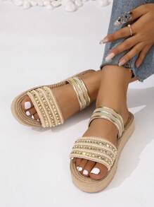 Women Studded Decor Flatform Slide Sandals, Vacation Sandals - Multicolor - View 2